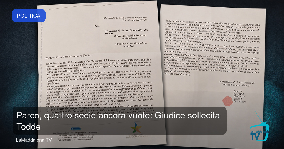 Parco, quattro sedie ancora vuote: Giudice sollecita Todde